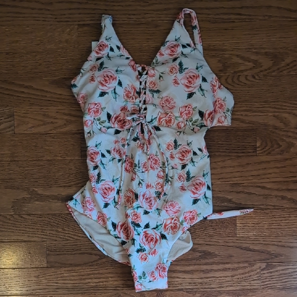 Jantzen One Piece Swimsuit With Roses And Tie Up Front Detail